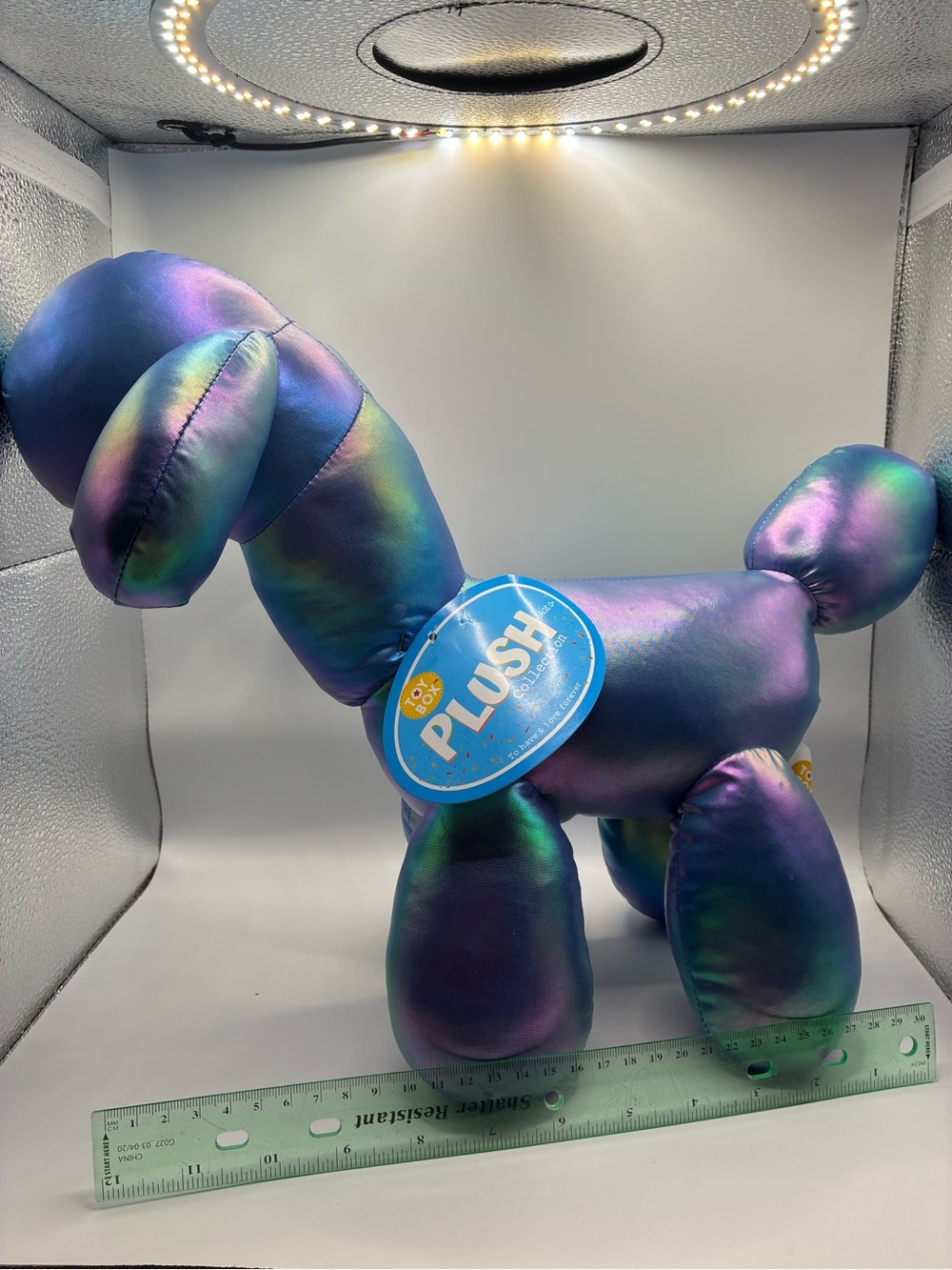 Lush Iridescent Plush Dog Toy in Metallic Purple, Blue & Green